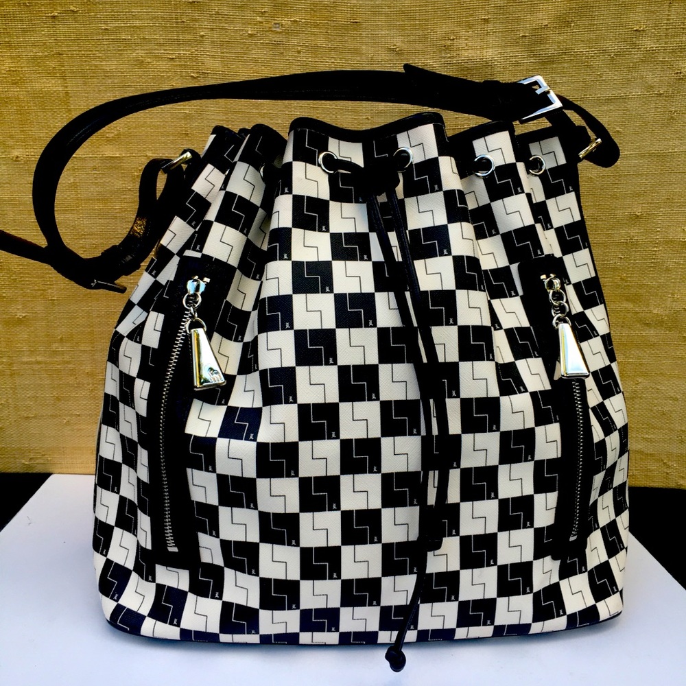 L.A.M.B. Black and white bucket bag.